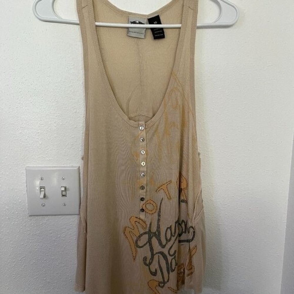 Harley-Davidson Scoop Neck Tank Top Raw Hem Pearl Buttons XS